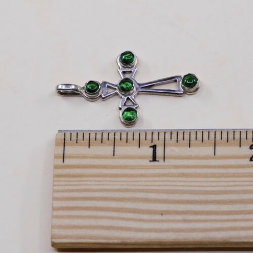 Vintage Sterling Silver Handmade Pendant, 925 silver cross w/ Green Glass