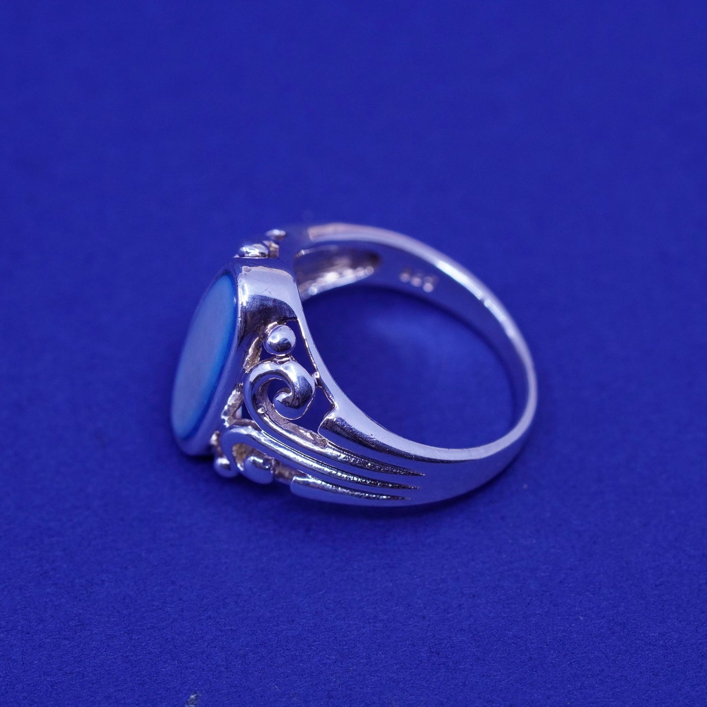Size 7.5, vtg Sterling 925 silver handmade filigree ring blue mother of pearl