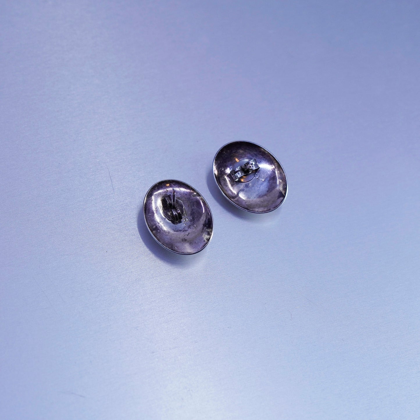 Vintage Sterling 925 silver earrings, oval studs with pink rose quartz