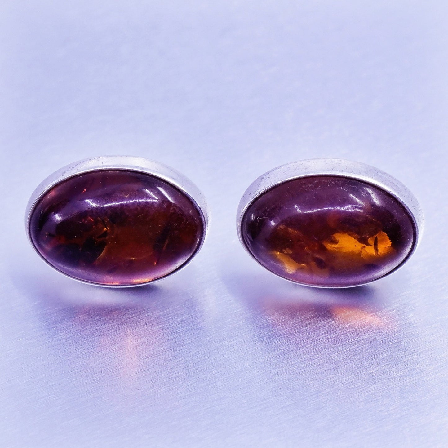 Vintage Sterling 925 silver handmade earrings, studs with oval Amber