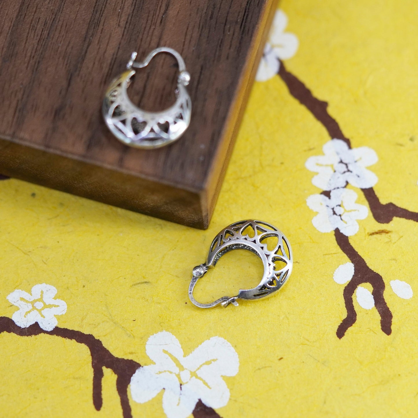 vintage Sterling 925 silver heart hoop earrings, 925 huggie