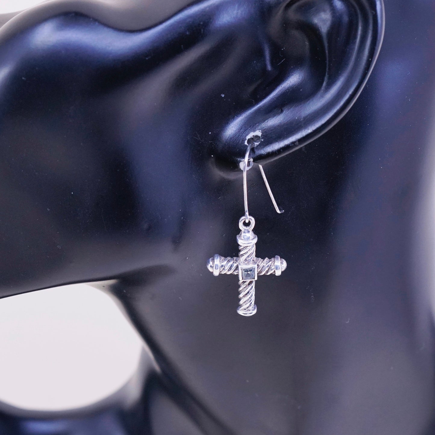 vtg Sterling silver handmade earrings, 925 silver twisted cross with topaz