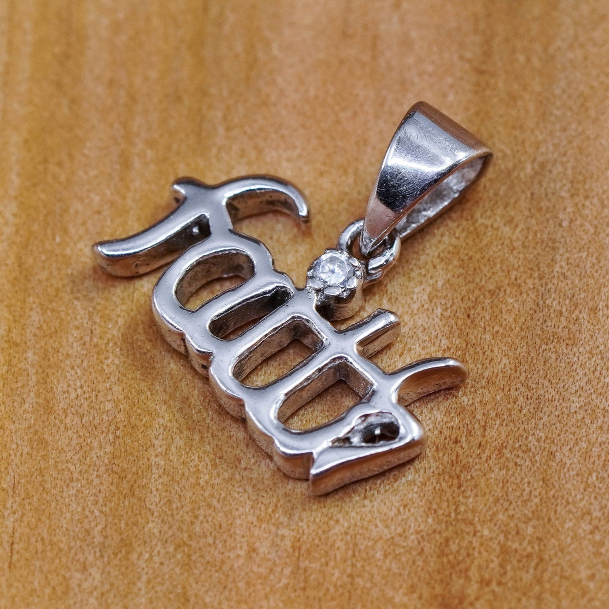 Vintage Sterling silver handmade pendant, 925 “faith” with diamond