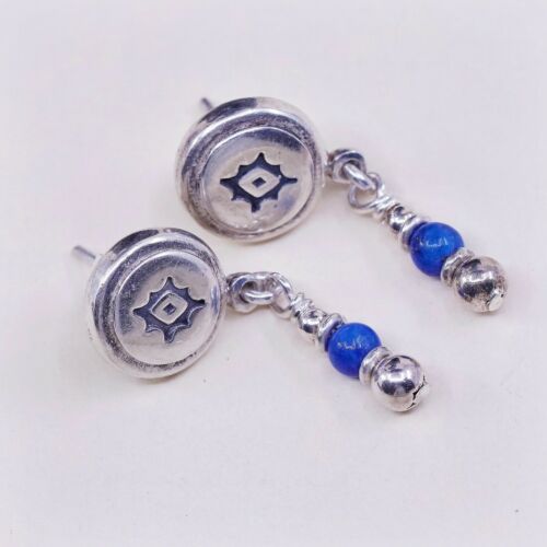 Vtg 925 Sterling Silver Handmade Earrings with Ancient Eye Embossed N Sodalite