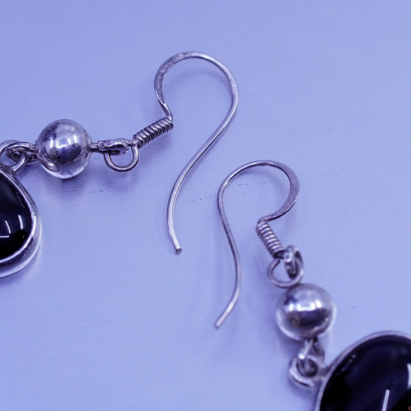 Vintage Sterling 925 silver handmade earrings w/ oval obsidian mother of pearl