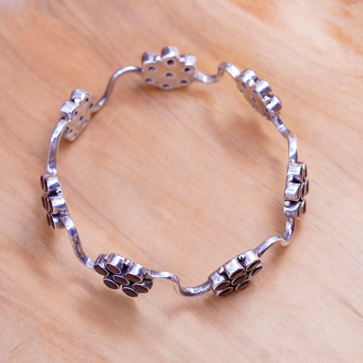 7.5”, southwestern Sterling silver handmade bracelet, 925 bangle ruby flower