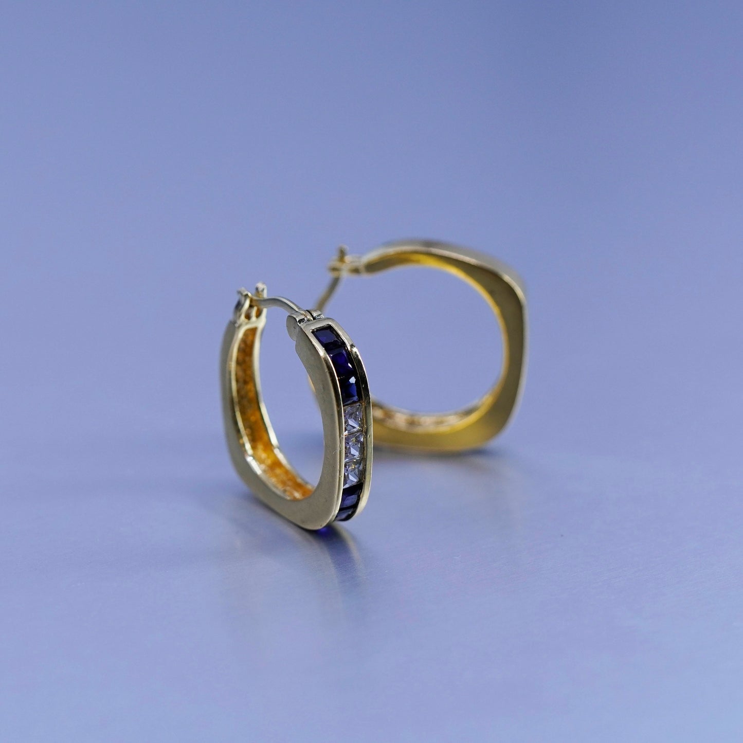 0.75”, vermeil gold over Sterling silver earrings, square 925 hoops sapphire cz