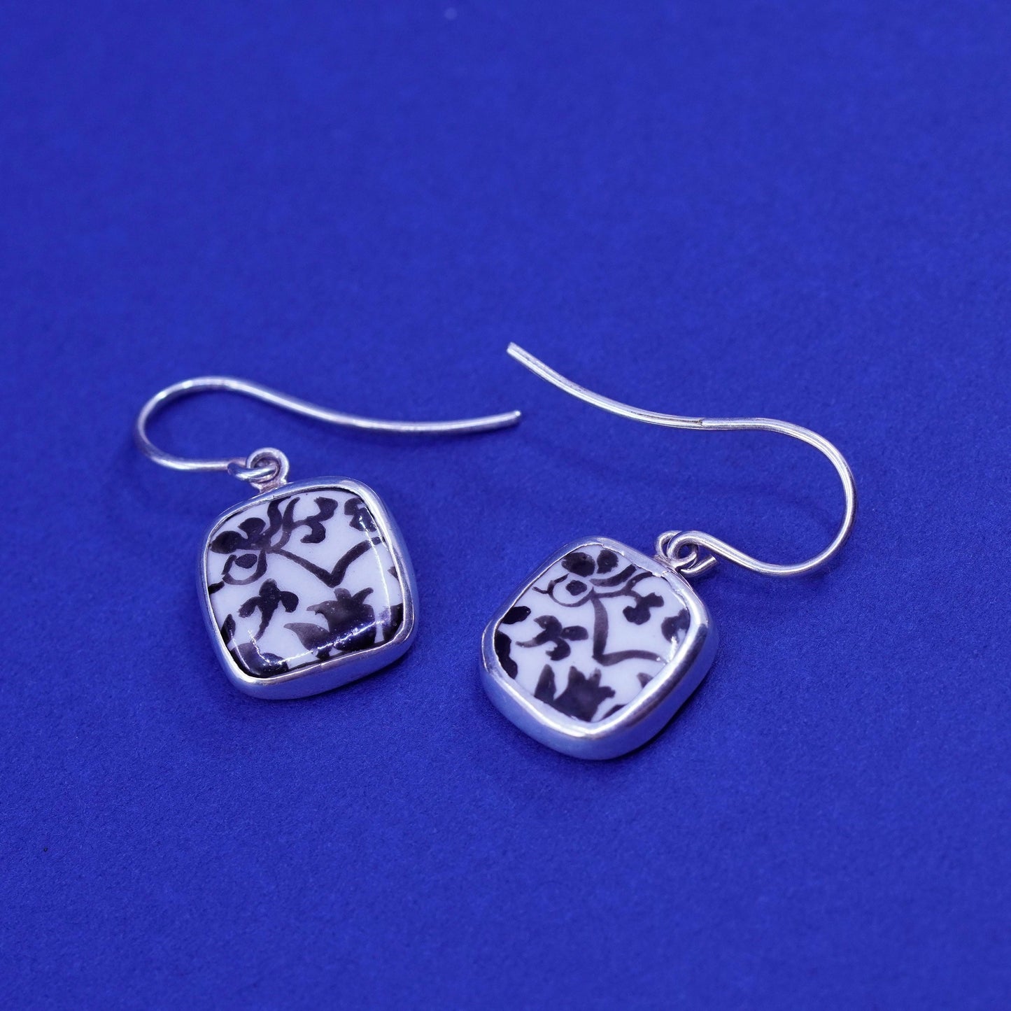 Vintage Sterling 925 silver earrings with broken porcelain China flower drops