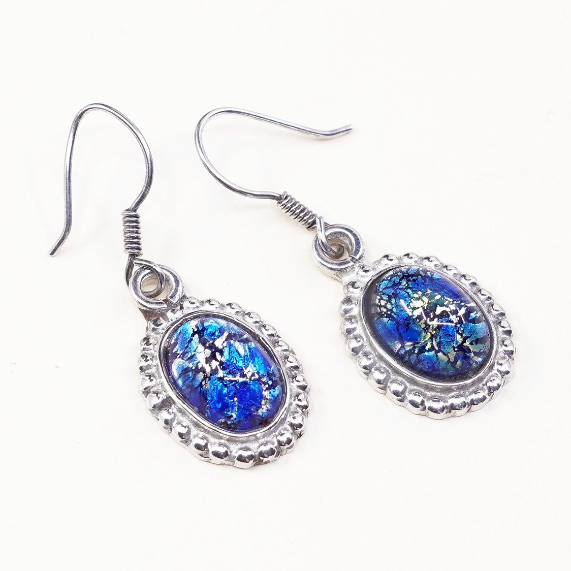 VTG mexico Sterling 925 silver handmade earrings, w/ blue foiled artisan drops