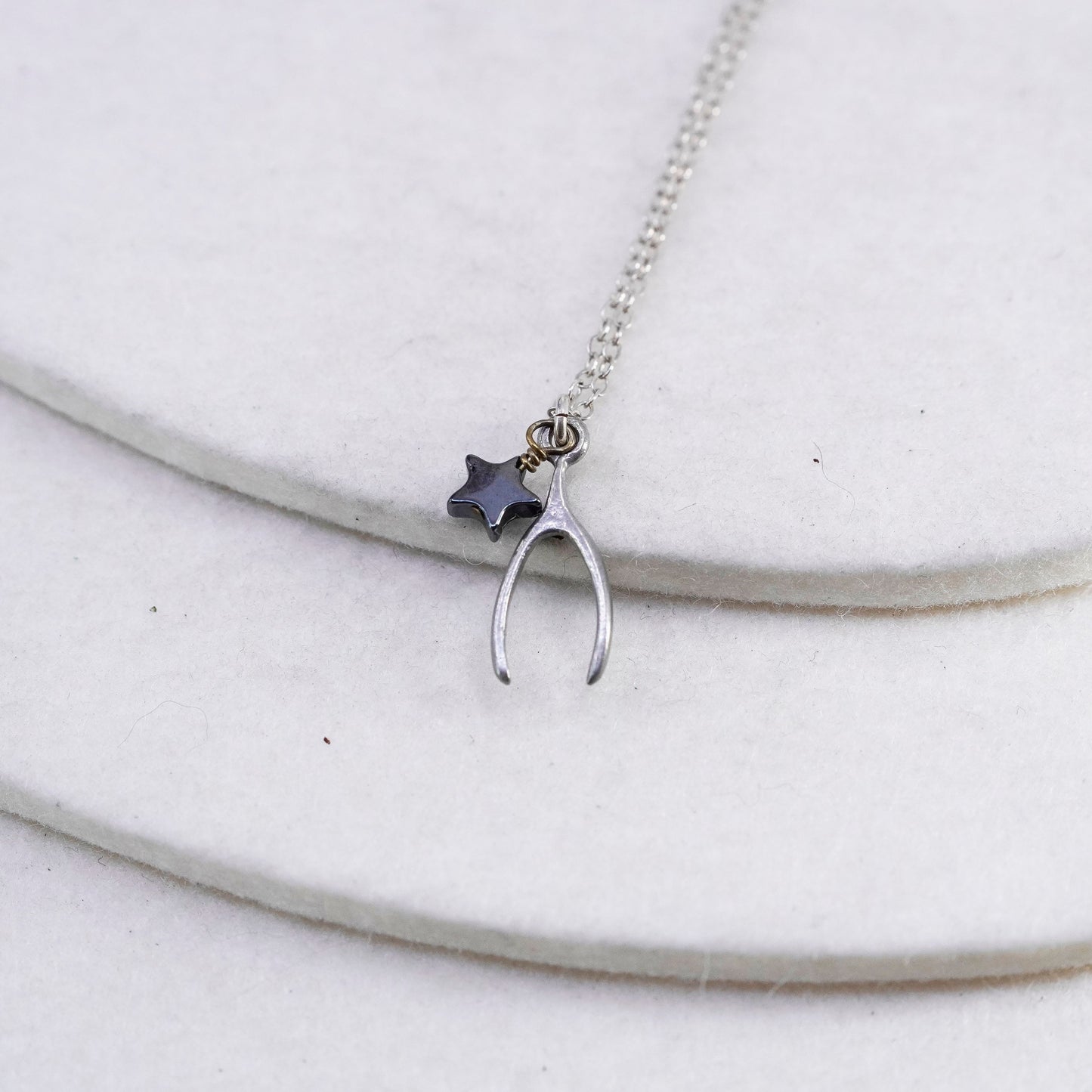 17” Sterling 925 silver handmade circle necklace wishbone star charm pendant