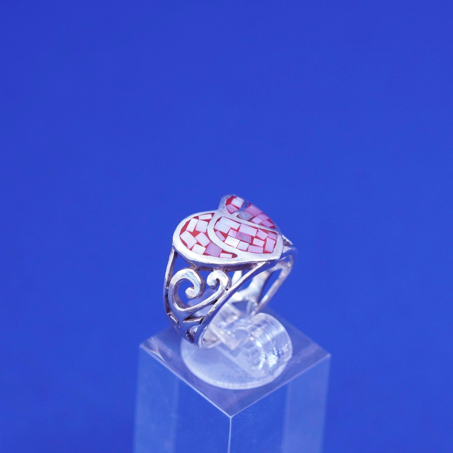 Size 7, vtg Sterling silver handmade ring, 925 heart band pink mother of pearl