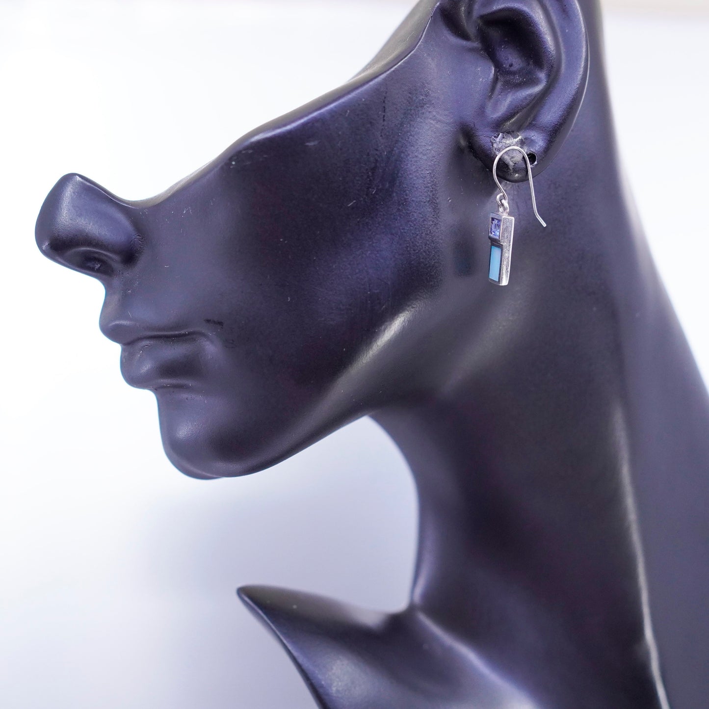 Vintage Sterling 925 silver handmade earrings with blue cz and mother of pearl