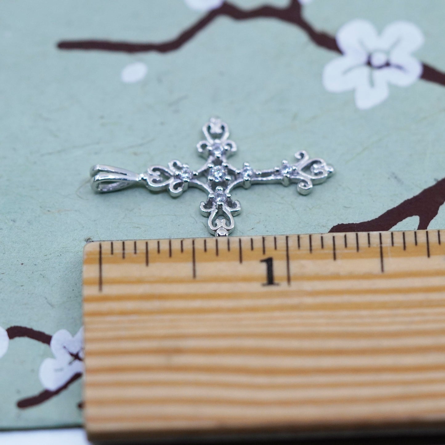 Vintage handmade Sterling silver pendant, 925 filigree cross with cz