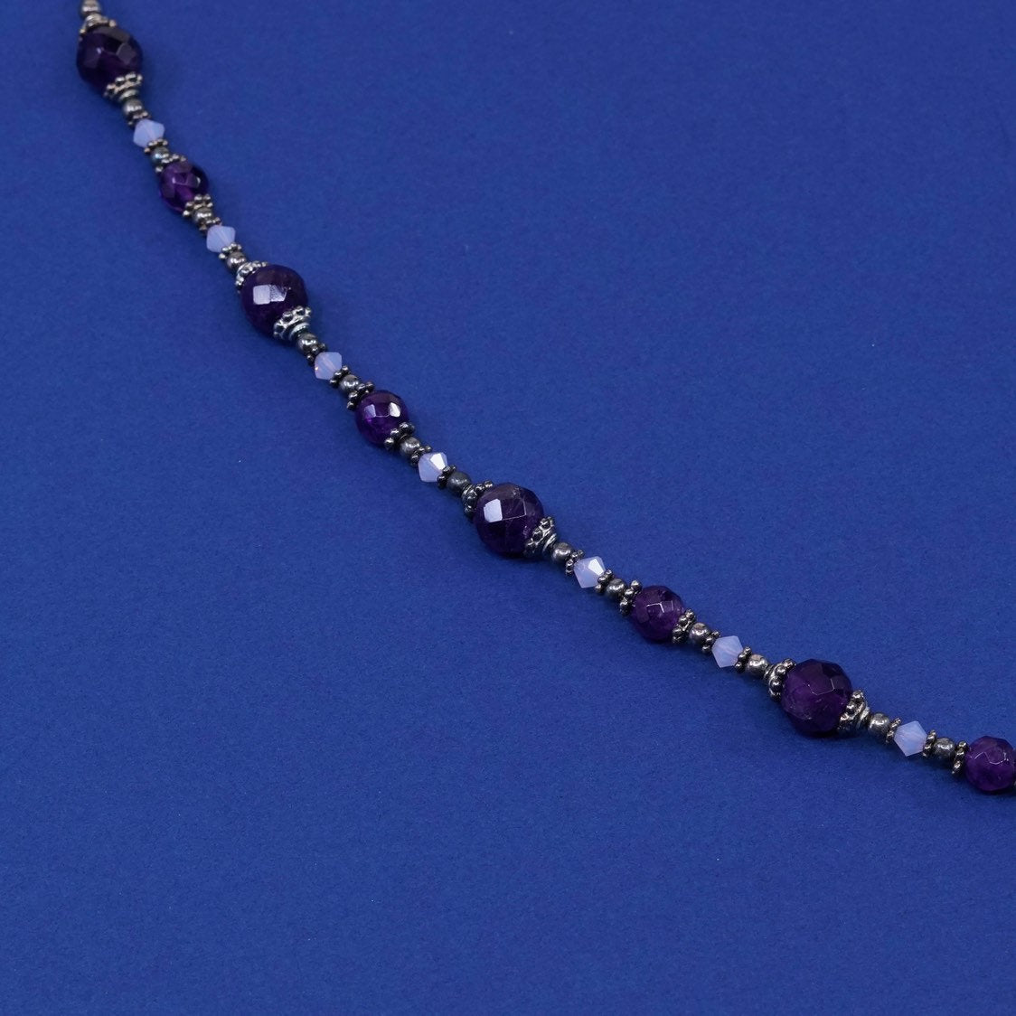 7.5", vtg handmade sterling silver bracelet w/ amethyst beads