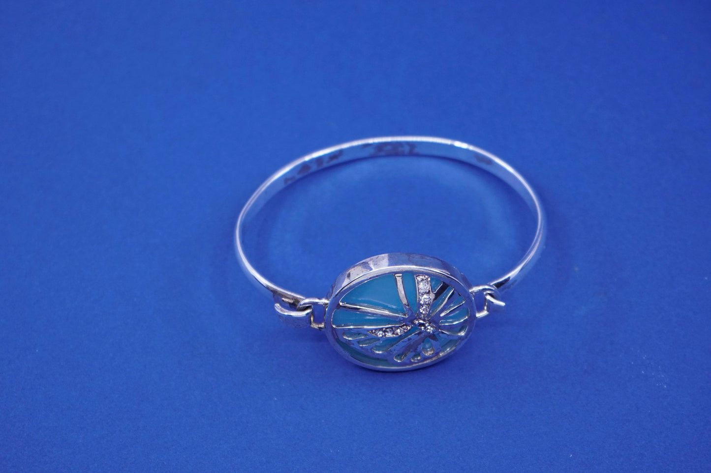 7”, Sterling silver handmade bracelet, 925 hinged bangle w/ butterfly and jade