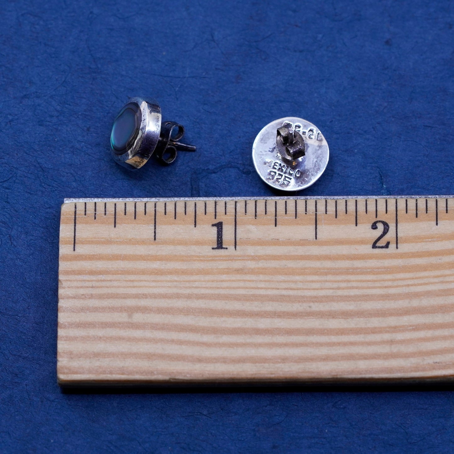 Vintage sterling silver handmade earrings, 925 round studs with abalone