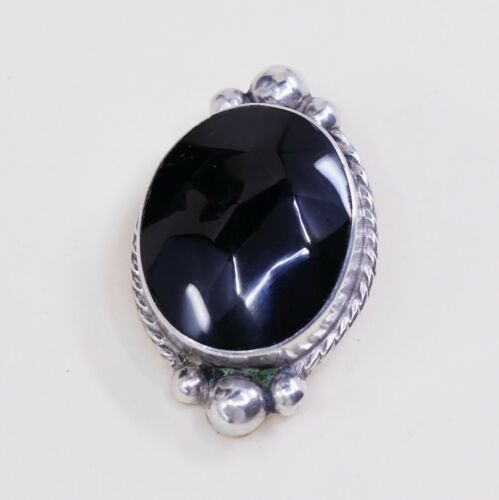 Vtg Oval Sterling Silver Clip on Obsidian Earrings W/ Beads, Stamped 925 Mexico