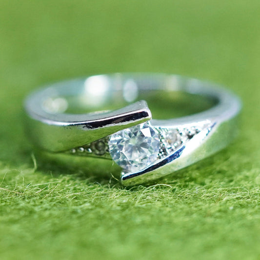Size 4.75, vintage sterling 925 silver ring with CZ, stackable band