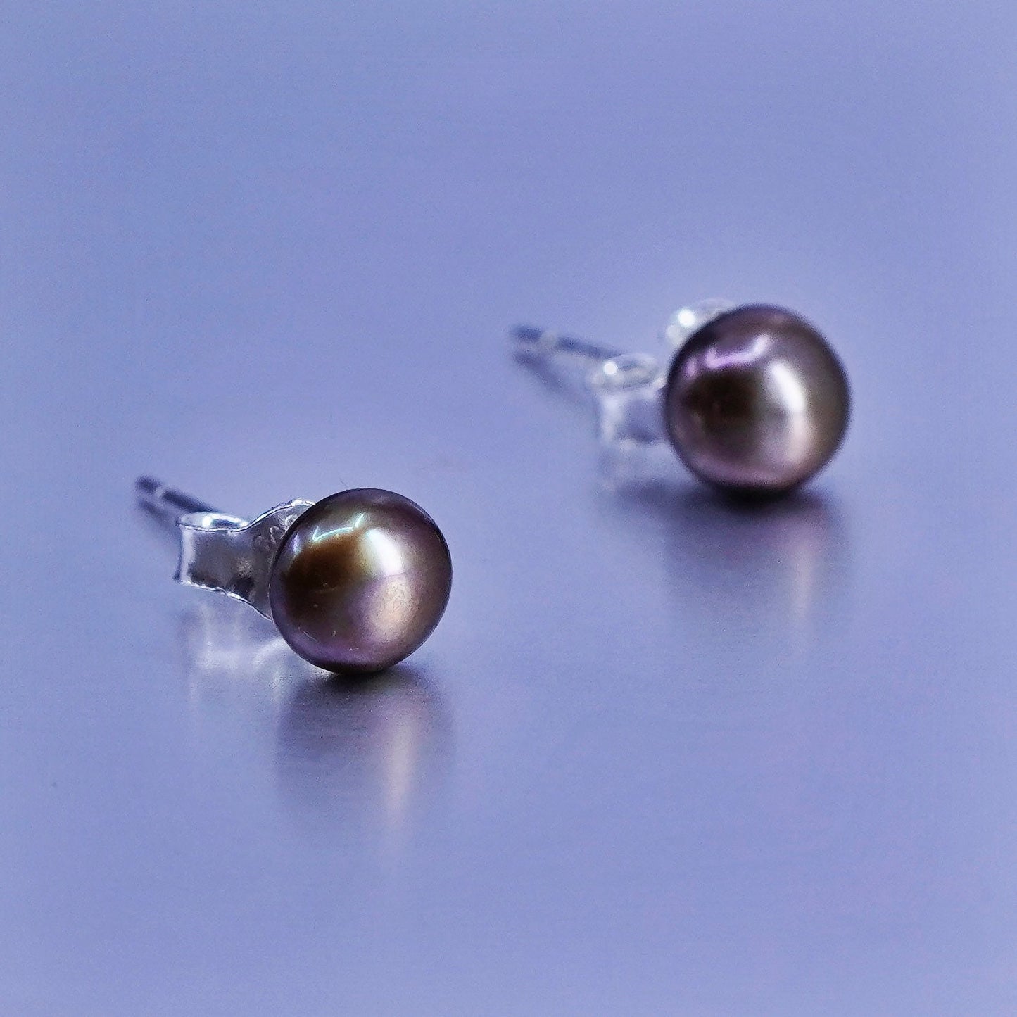 5mm, Vintage Sterling 925 silver handmade earrings, studs with golden pearl