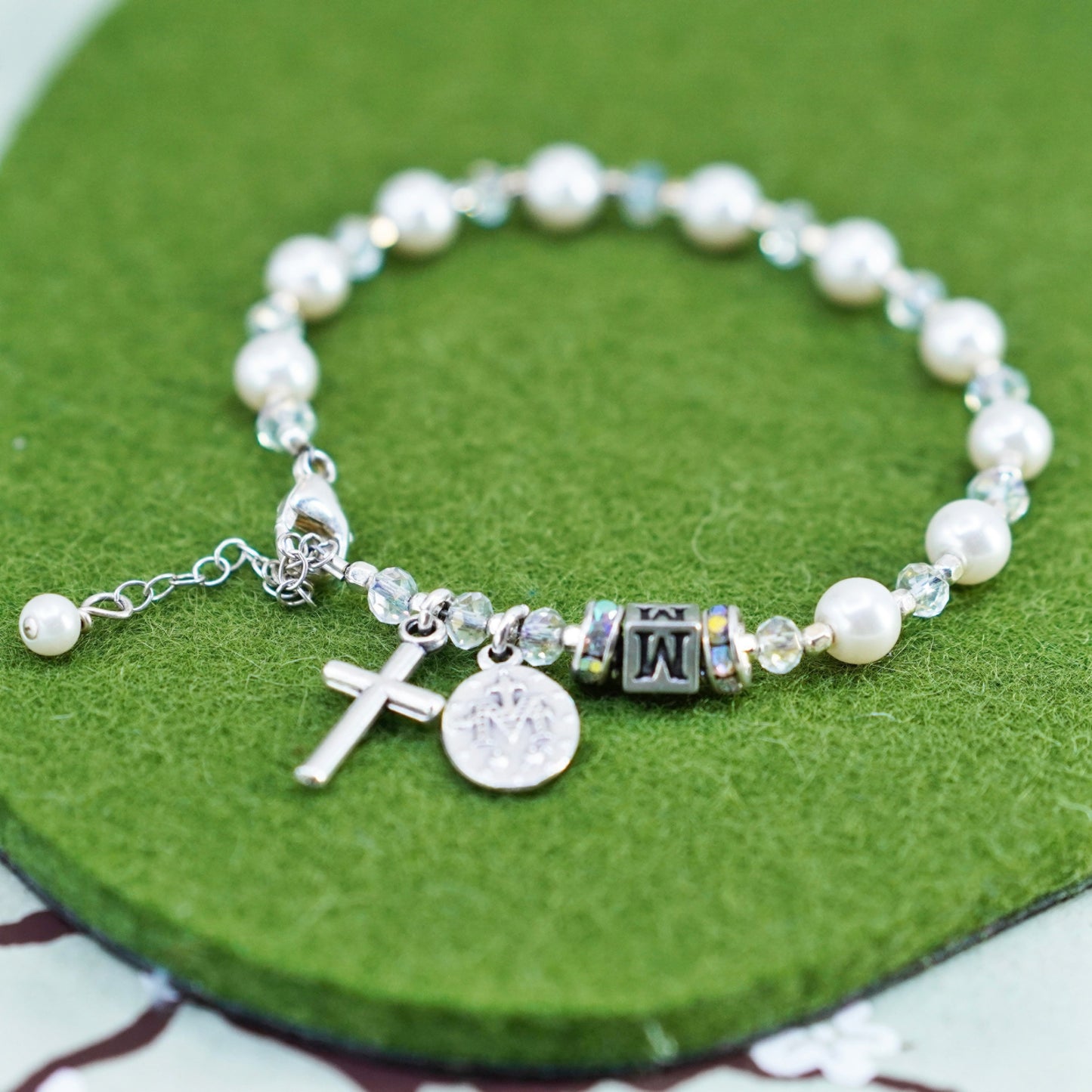 6.75”, handmade bracelet, freshwater pearl with 925 Virgin Mary Jesus charm