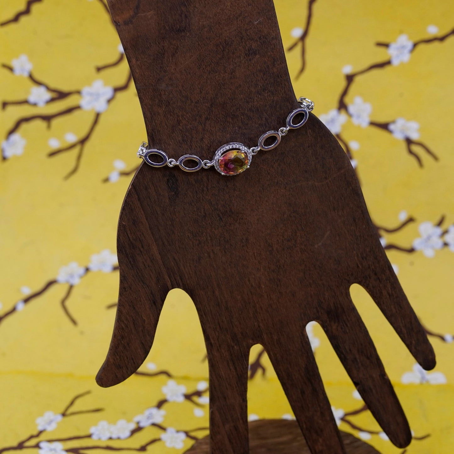 5.75+1”, vintage Sterling silver handmade bracelet, 925 oval chain fluorite cz