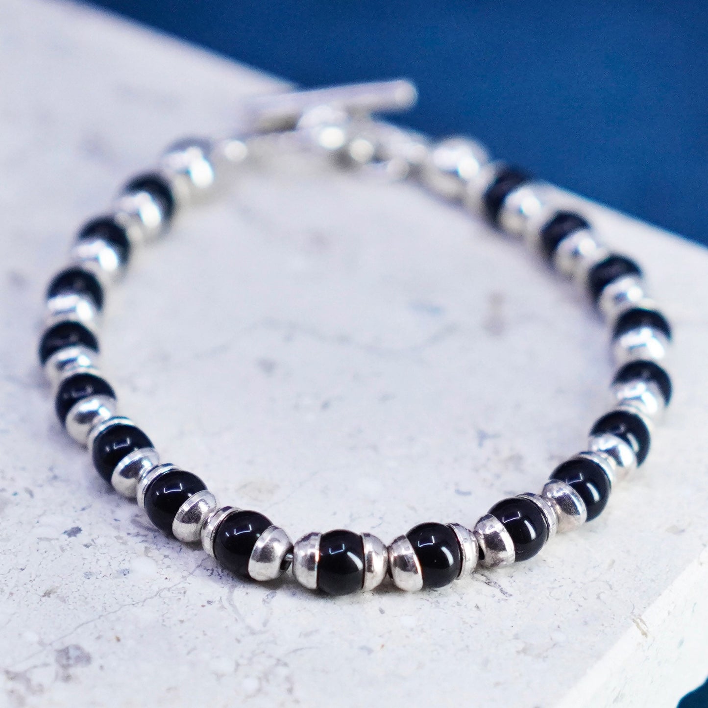 6.75”, vintage sterling 925 silver handmade bracelet with obsidian beads