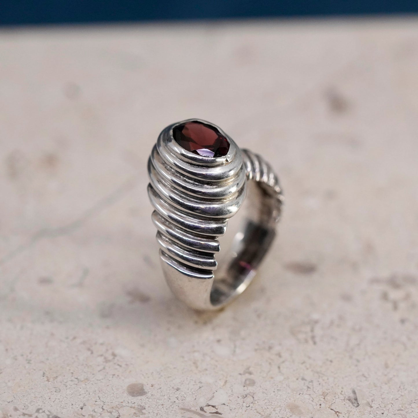 Size 5, vintage Sterling 925 silver handmade ribbed ring with Ruby