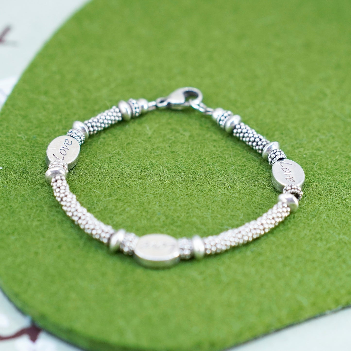 6.25”, Vintage handmade 925 sterling silver bracelet, pearl beads love charms