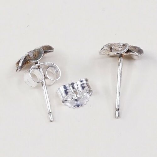 Vintage Sterling Silver Handmade Earrings, 925 Silver Flower Studs W/ Cz
