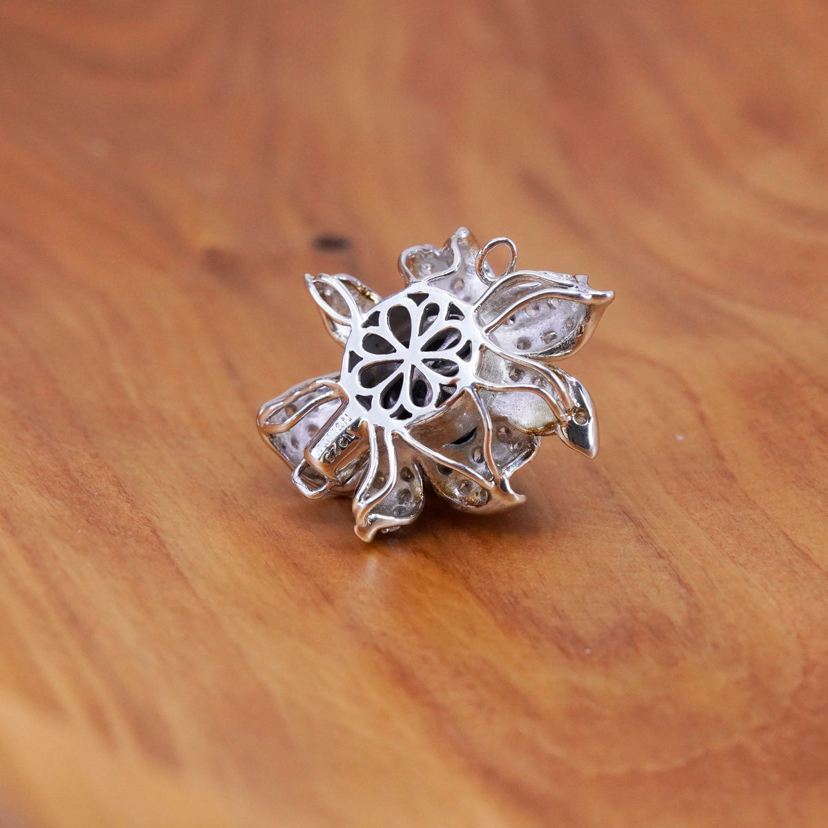 Vintage M&N Sterling silver handmade pendant, 925 flower black pearl cluster cz