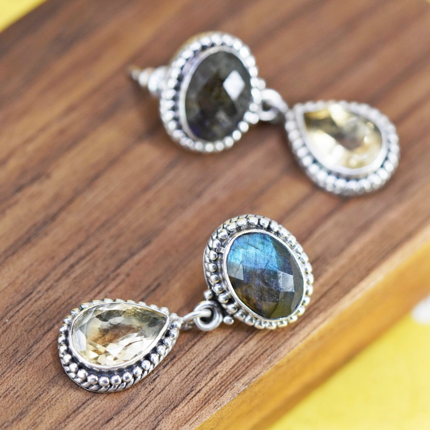 Indian Sterling 925 silver earrings oval labradorite, teardrop citrine beads