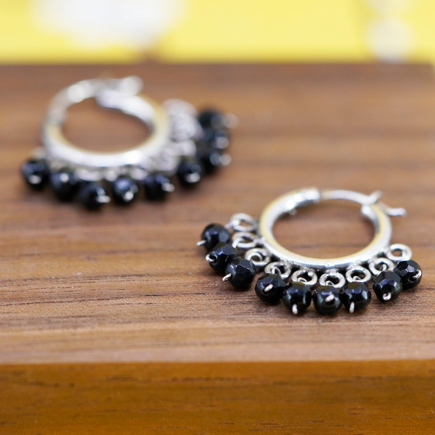 1”, vintage Sterling silver handmade earrings, 925 hoops with cluster obsidian