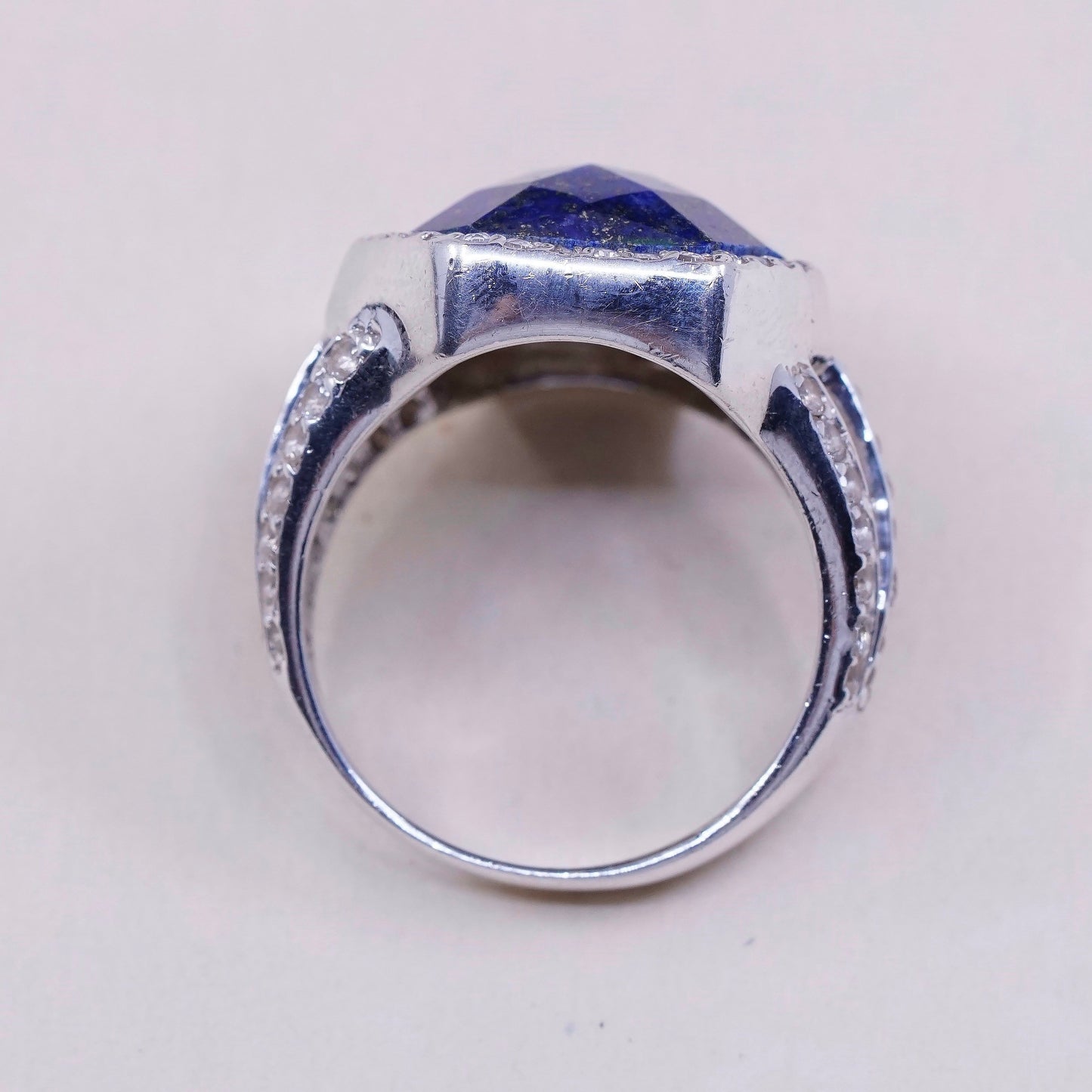 Size 10, vtg sterling 925 silver handmade ring with Lapis lazuli and Cz around