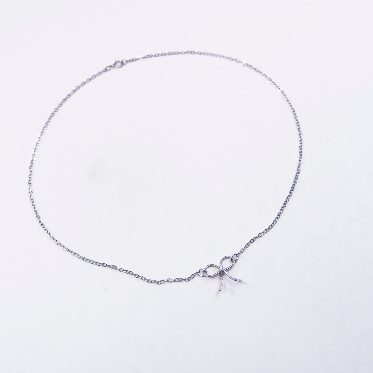 16”, sterling 925 silver handmade necklace, circle chain ribbon bow pendant