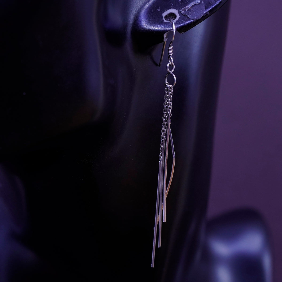Vintage sterling silver handmade earrings, 925 fringe, minimalist, modernist