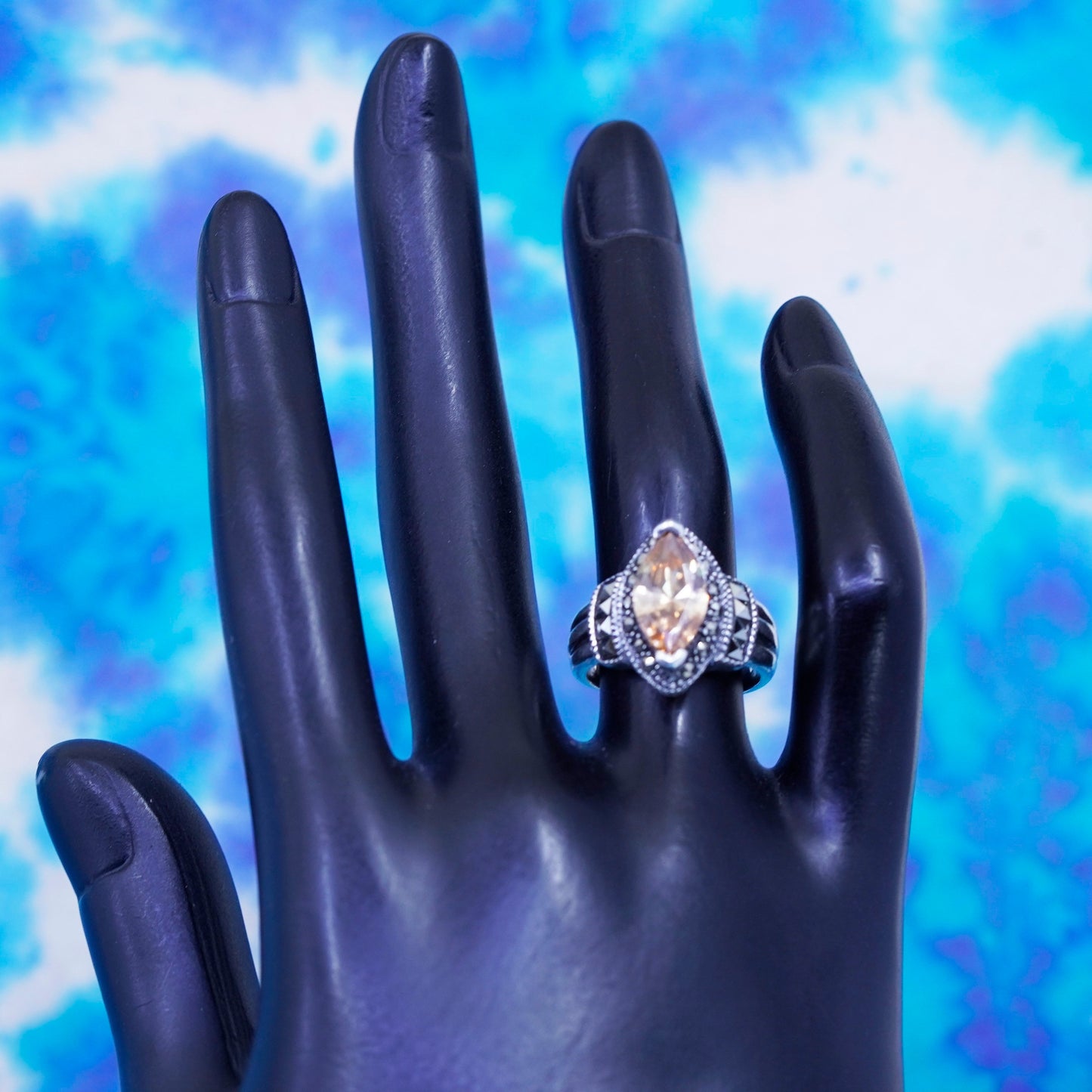Size 6, 925 Sterling 925 Silver citrine cocktail Ring citrine Marcasite