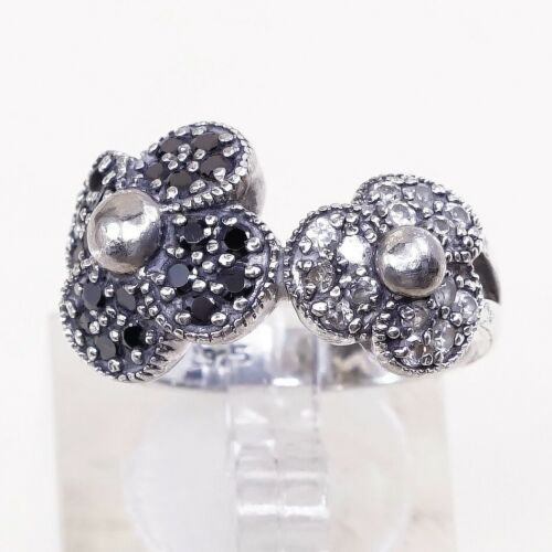 Sz 6.75, Vtg Sterling Silver Handmade Ring, 925 W/ Cluster Black Diamond Flower