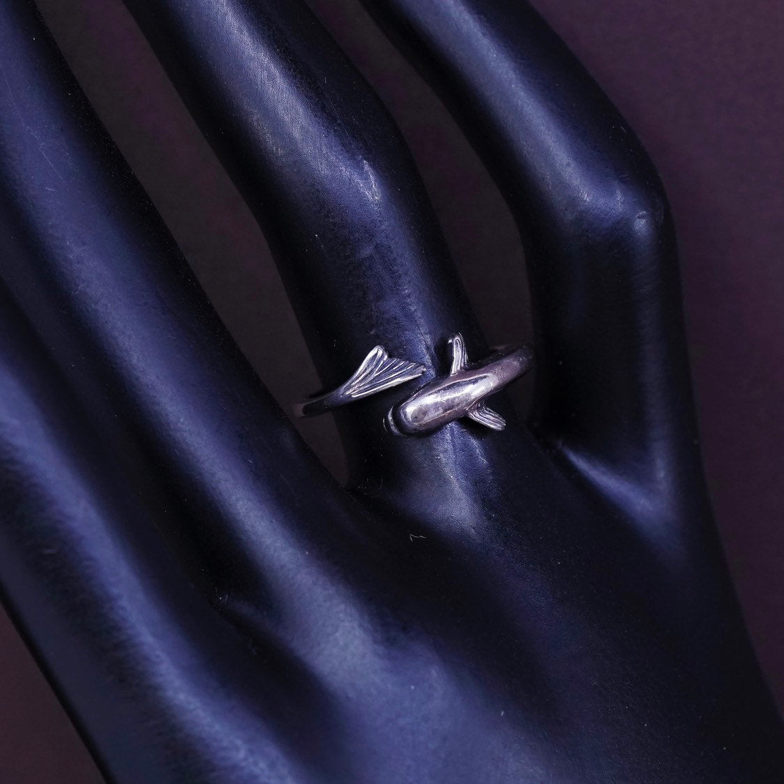 sz 7.5, VTG Sterling silver handmade ring, 925 wrap dolphin band