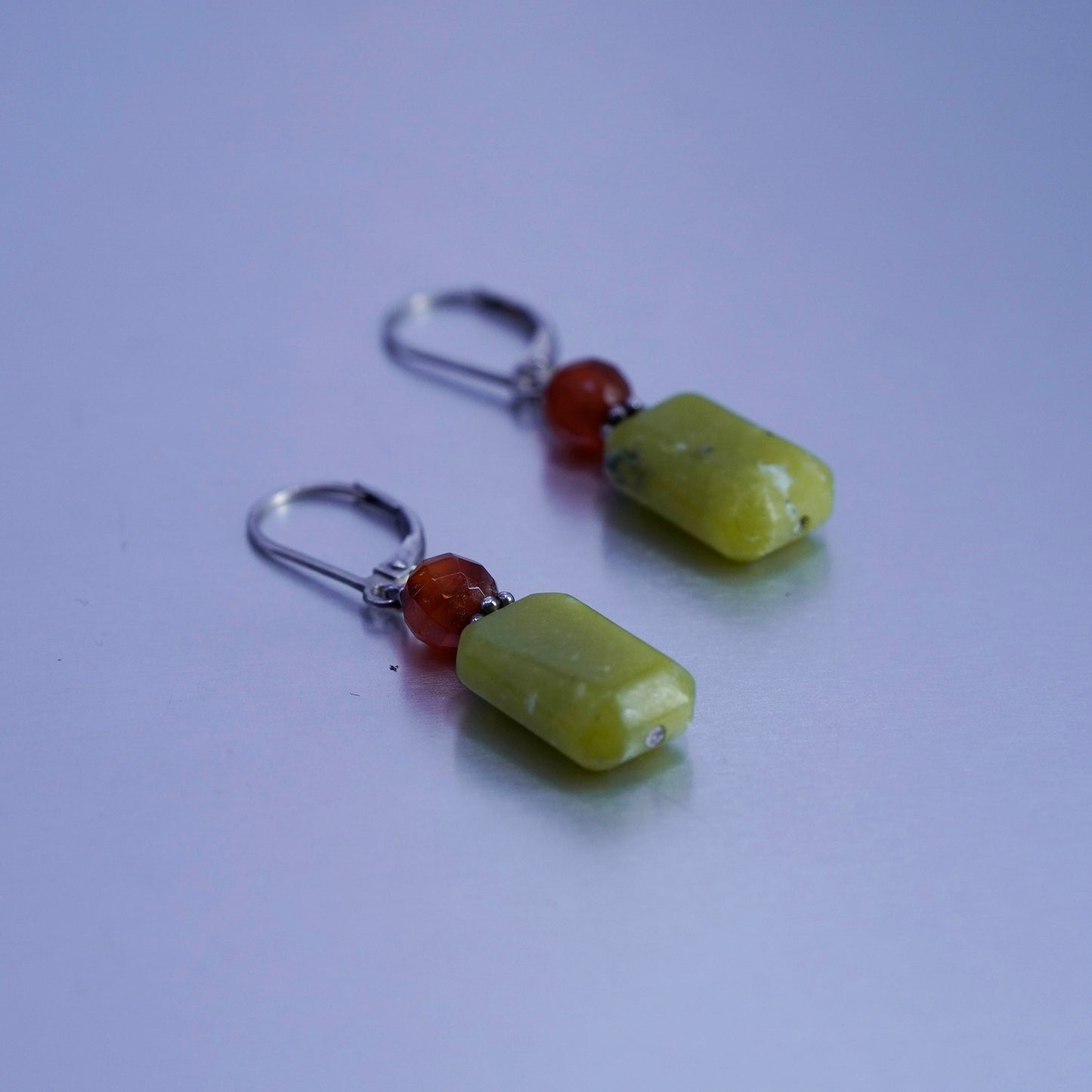 Vintage Sterling 925 silver handmade earrings with jade and carnelian beads