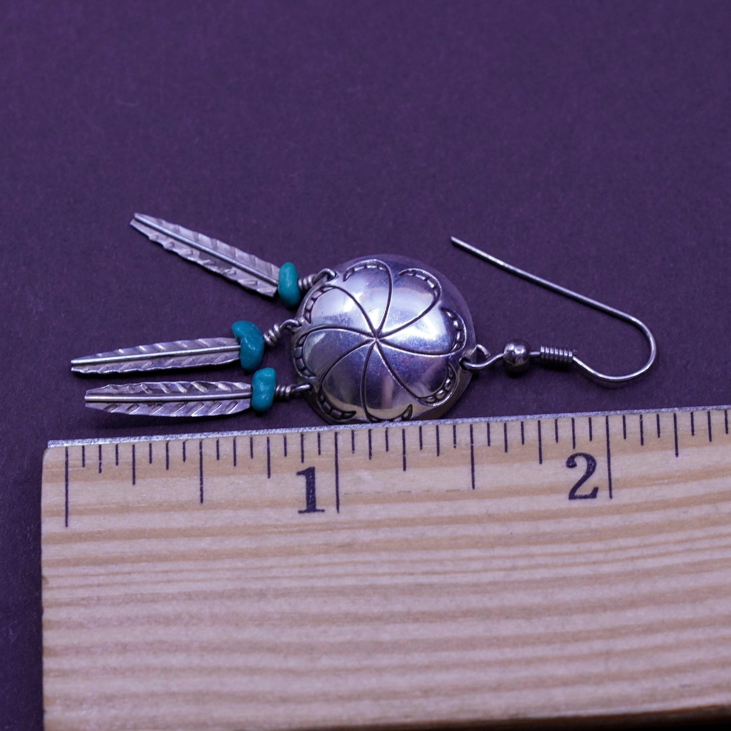 Vintage Sterling 925 silver handmade disc earrings with turquoise and feather