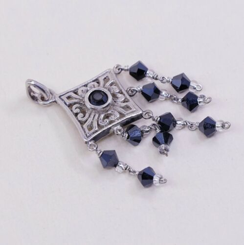 Vtg Handmade Sterling Silver Pendant, 925 Filigree Cross W/ Obsidian N Fringe