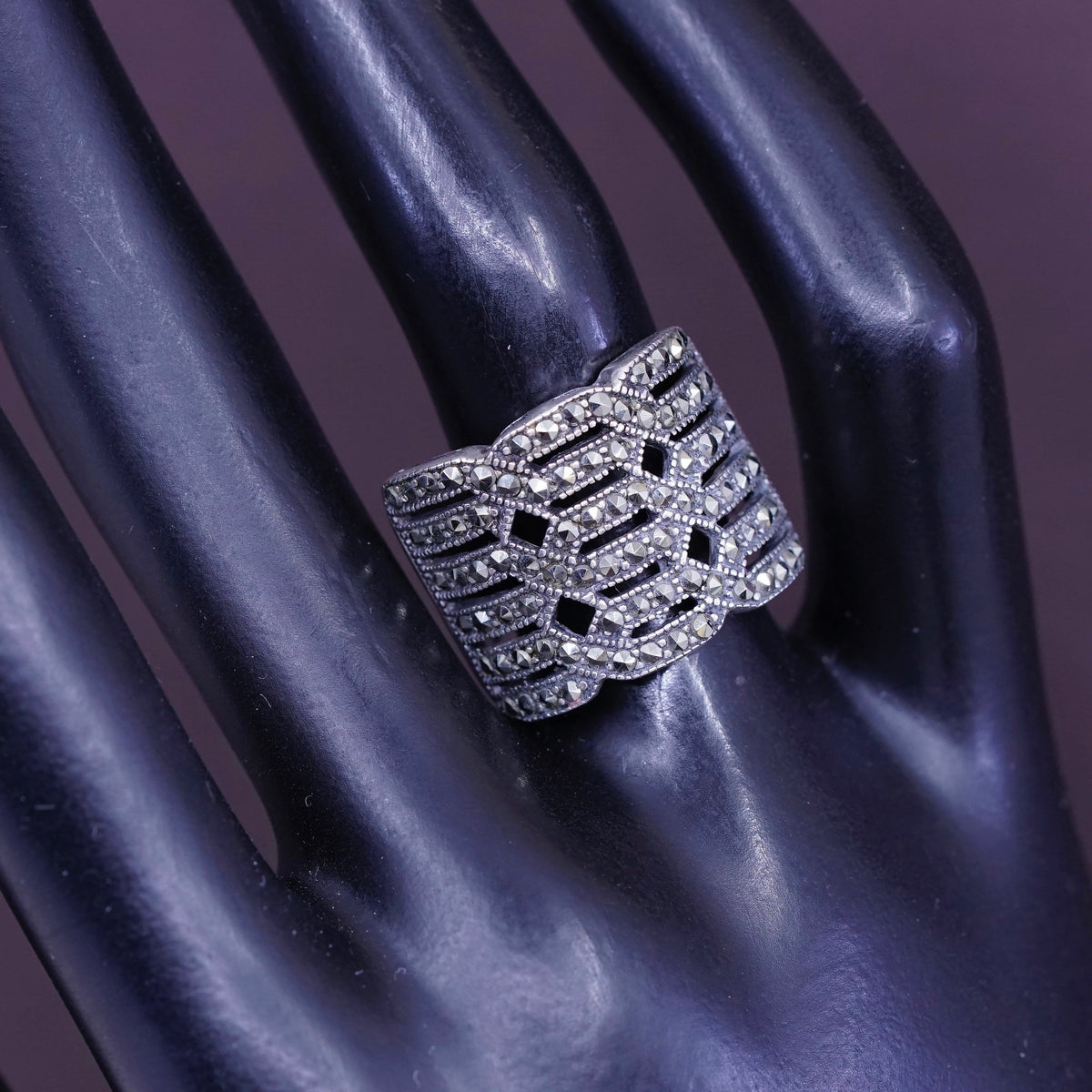 sz 7, vtg Art Deco Sterling silver handmade ring, wide 925 band with marcasite
