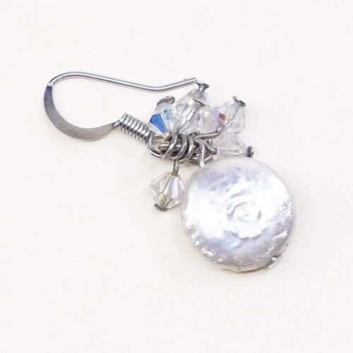 Vtg STERLING SILVER earrings with pearl dangles N Cluster Crystal, stamped 925