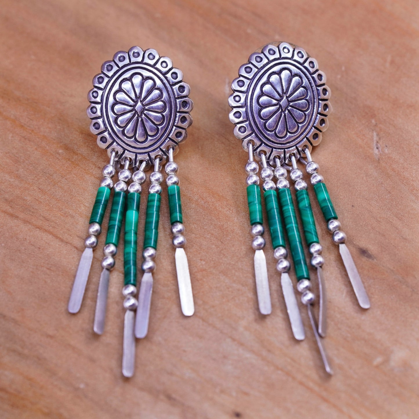 Quoc Turquoise Q.T. Sterling Silver Earrings, 925 studs malachite fringe drops