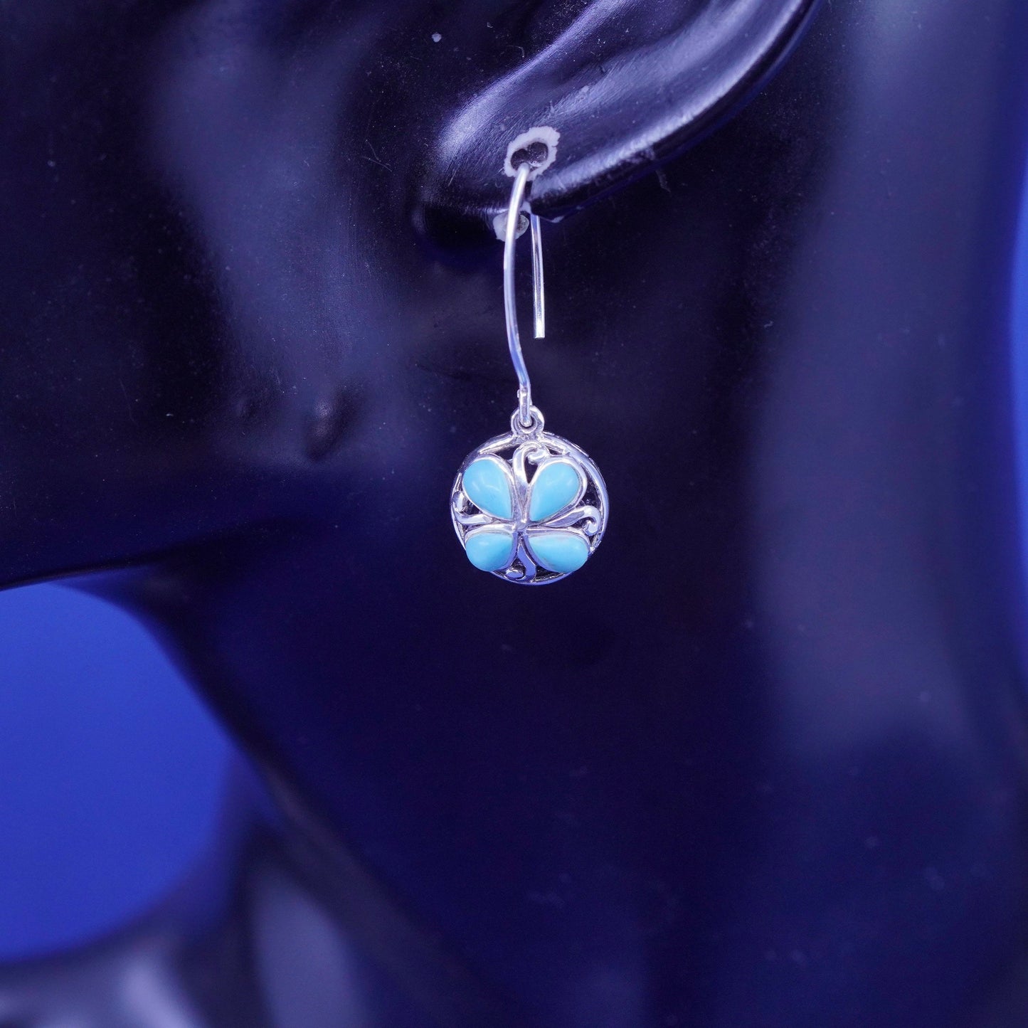 Vintage CFJ sterling 925 silver handmade filigree bead earrings with turquoise
