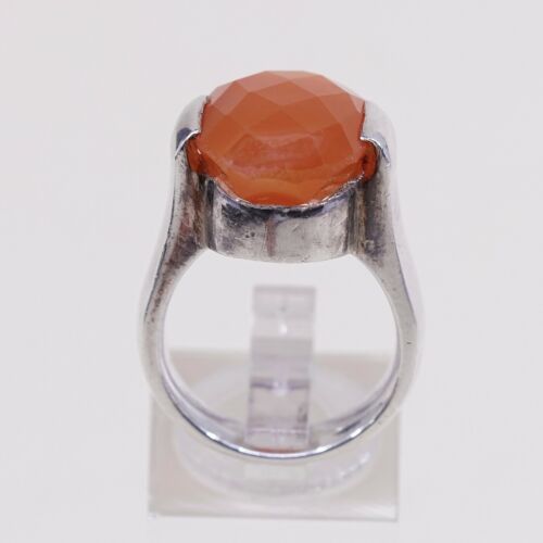Sz 6.75, Vtg Sterling Silver Ring, 925 Statement Ring W/ Checker Cut Carnelian