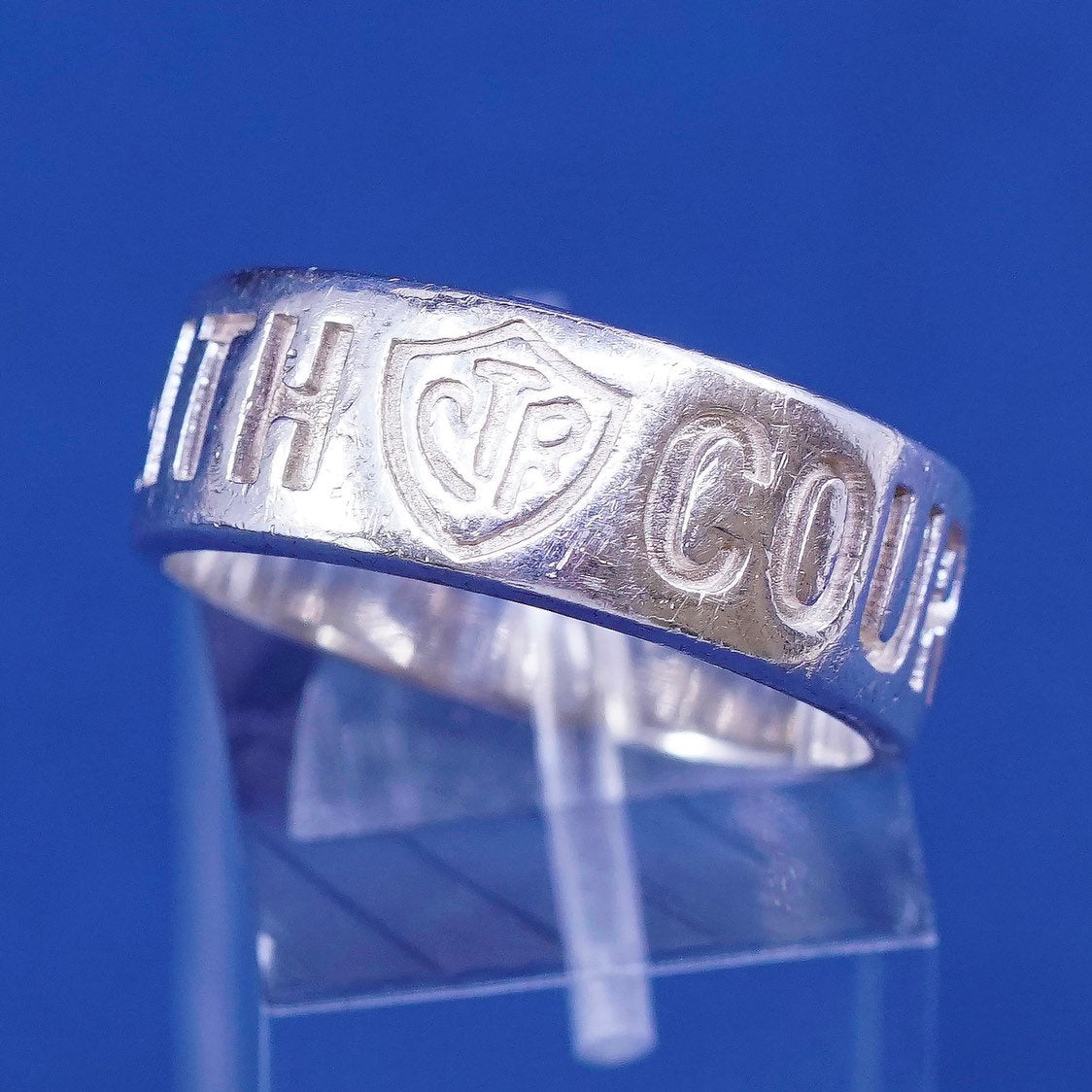 sz 9, vtg Ringmaster sterling silver handmade ring, 925 band w/ faith courage
