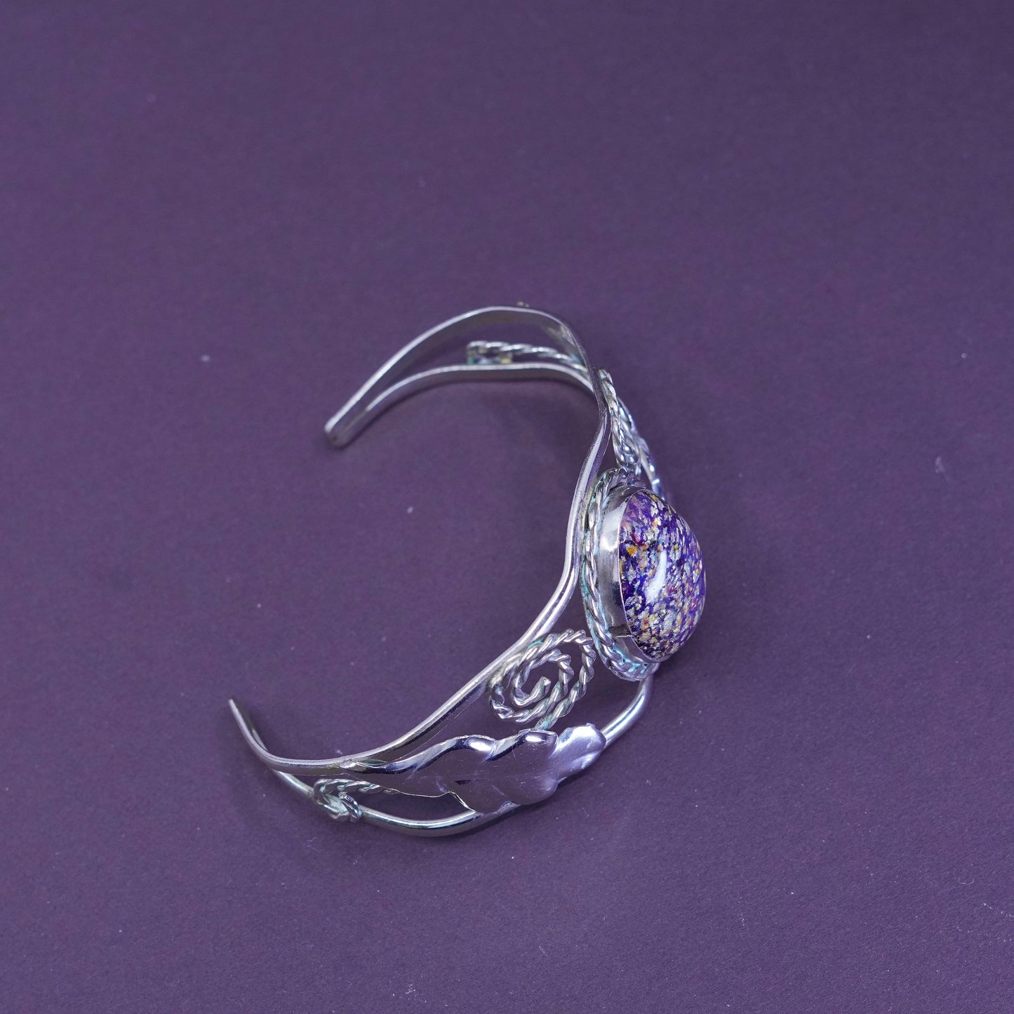 7”, Vintage Sterling silver handmade bracelet, 925 swirl cuff with golden glass
