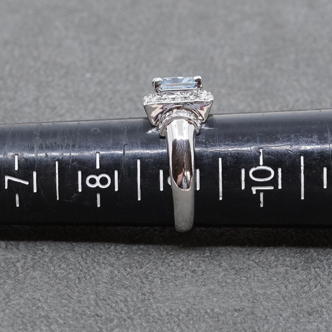 sz 9, vtg Sterling silver engagement ring, 925 w/ blue topaz and cz