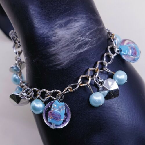 7.5”, Vtg Antique Silver Tone Handmade Bracelet W/ Blue Pear N Foiled Glass